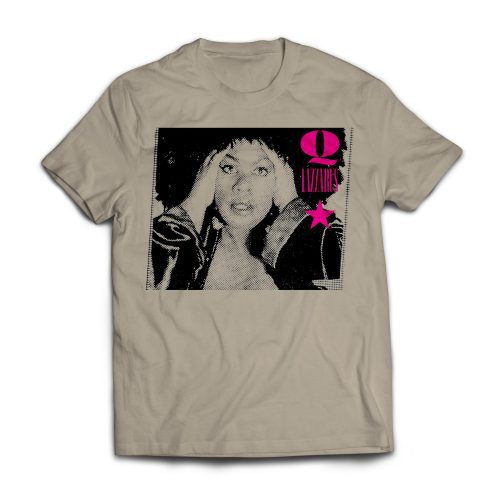 Q Lazzarus Tan T-Shirt featuring a woman's face, hands on her head, with a pink star and black dots, celebrating Q Lazzarus's legacy.